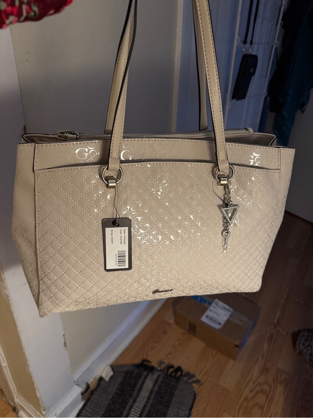 Guess Quilted Patent Tote in Light Beige